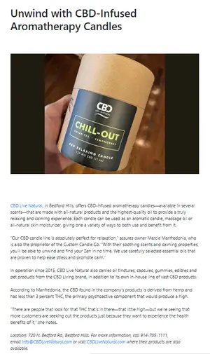 A promotional article about CBD Livings aromatherapy candle features a photo of the candle labeled Chill-Out. The article describes its benefits, ingredients, and how to purchase from CBD Live Natural in Bedford Hills, NY.