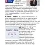 Screenshot of an article highlighting Custom Candle Co.s partnership with the American Cancer Society, mentioning a $20,000 donation and involvement in the Diamond Gala, plus brief info about the ACS’s mission and achievements.