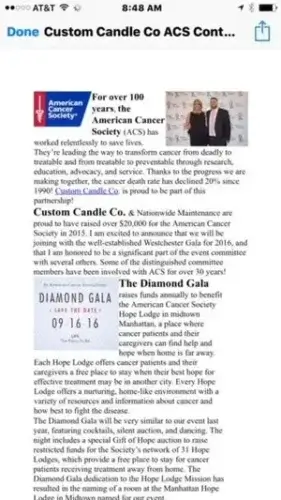 Screenshot of an article highlighting Custom Candle Co.s partnership with the American Cancer Society, mentioning a $20,000 donation and involvement in the Diamond Gala, plus brief info about the ACS’s mission and achievements.