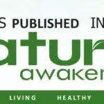 A banner reads As published in Natural Awakenings with a green leafy design, followed by Healthy Living Healthy Planet at the bottom.