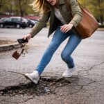 A woman in jeans and a green jacket trips over a large pothole in a parking lot, dropping her keys and phone, with a startled expression on her face.