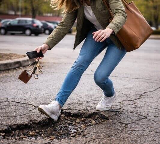 A woman in jeans and a green jacket trips over a large pothole in a parking lot, dropping her keys and phone, with a startled expression on her face.