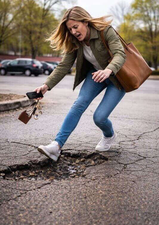 A woman in jeans and a green jacket trips over a large pothole in a parking lot, dropping her keys and phone, with a startled expression on her face.