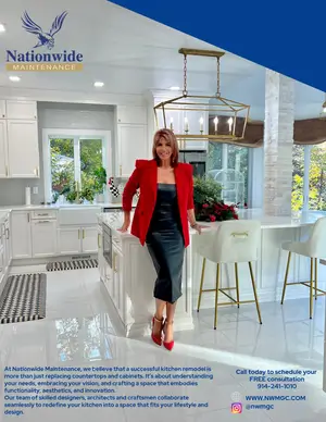 Woman in a red blazer stands in a modern white kitchen with gold fixtures and a dining area. Text promotes Nationwide Maintenance’s kitchen remodel services and offers a free consultation.