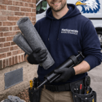 A smiling maintenance worker in a Nationwide Maintenance hoodie holds rolls of mesh and a caulking gun. He wears gloves and a tool belt, standing beside a brick wall with a van featuring an eagle logo in the background.