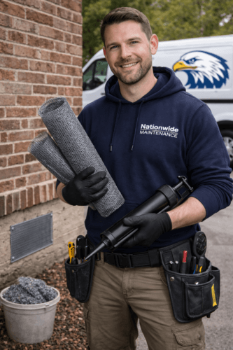 A smiling maintenance worker in a Nationwide Maintenance hoodie holds rolls of mesh and a caulking gun. He wears gloves and a tool belt, standing beside a brick wall with a van featuring an eagle logo in the background.