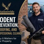 A smiling maintenance worker stands outside holding rolled-up mesh and gloves, wearing a tool belt. Text reads: Rodent Prevention, Proofing, and Professional Cleanup: Why It Matters for Your Property. Read more. Nationwide Maintenance.