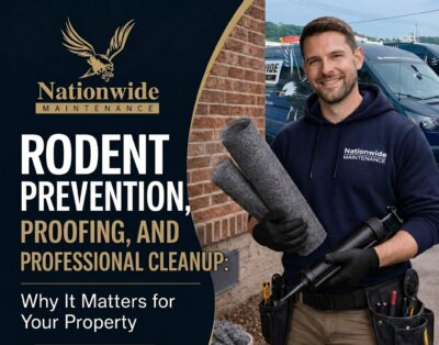 A smiling maintenance worker stands outside holding rolled-up mesh and gloves, wearing a tool belt. Text reads: Rodent Prevention, Proofing, and Professional Cleanup: Why It Matters for Your Property. Read more. Nationwide Maintenance.