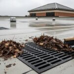 A person wearing gloves sweeps piles of wet leaves off a rooftop drain with a brush on a flat building roof, ensuring the drain is clear. The sky is overcast, and nearby buildings are visible in the background.