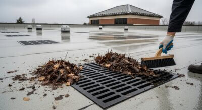 A person wearing gloves sweeps piles of wet leaves off a rooftop drain with a brush on a flat building roof, ensuring the drain is clear. The sky is overcast, and nearby buildings are visible in the background.