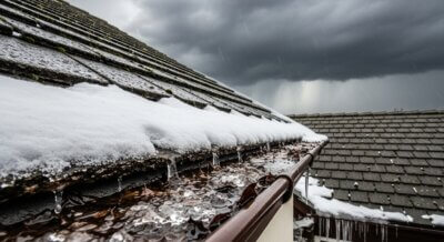 Close-up of a house roof with snow melting into an ice-filled gutter. Dark storm clouds fill the sky in the background, and some raindrops are visible, indicating a transition from snow to rain.