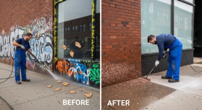 A man in blue overalls cleans a graffiti-covered wall with a pressure washer in the before image; in the after image, the wall is clean and the man sweeps debris from the sidewalk.