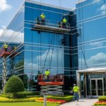 Workers in safety gear clean windows on a modern glass office building using scaffolding and lifts. Bright green landscaping and blue sky with clouds are visible.