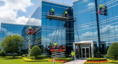 Workers in safety gear clean windows on a modern glass office building using scaffolding and lifts. Bright green landscaping and blue sky with clouds are visible.