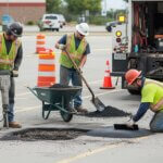 Three construction workers in safety gear repair an asphalt parking lot. One uses a jackhammer, another shovels asphalt from a wheelbarrow, and the third smooths the surface as orange cones and a work truck surround them.
