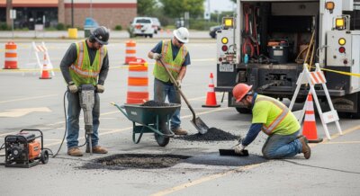 Three construction workers in safety gear repair an asphalt parking lot. One uses a jackhammer, another shovels asphalt from a wheelbarrow, and the third smooths the surface as orange cones and a work truck surround them.