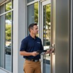 A man in a blue polo shirt and khaki pants holds a tablet while using a key card to open a glass door of a modern office building. Large windows and concrete columns are visible in the background.