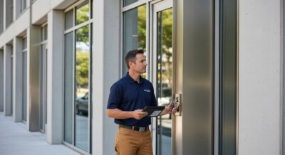 A man in a blue polo shirt and khaki pants holds a tablet while using a key card to open a glass door of a modern office building. Large windows and concrete columns are visible in the background.