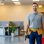A smiling maintenance worker in a grey polo shirt and tool belt stands in a modern office hallway, holding a red toolbox and a drill. Office desks and a potted plant are visible in the background.