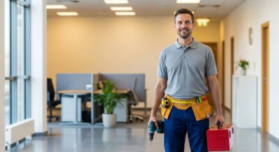 A smiling maintenance worker in a grey polo shirt and tool belt stands in a modern office hallway, holding a red toolbox and a drill. Office desks and a potted plant are visible in the background.