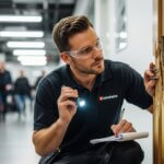A man wearing safety glasses and a black polo shirt inspects a door lock with a flashlight and takes notes on a clipboard in an office hallway. Other people are visible in the background.