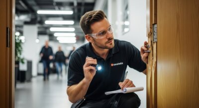 A man wearing safety glasses and a black polo shirt inspects a door lock with a flashlight and takes notes on a clipboard in an office hallway. Other people are visible in the background.