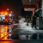 A worker in safety gear repairs an electrical box on a wet, dimly lit street at night, while a utility truck with bright lights is parked nearby. Steam rises from the ground, reflecting city lights.