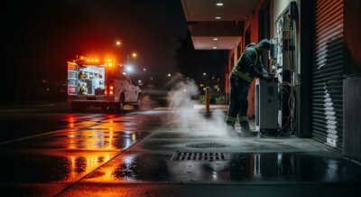 A worker in safety gear repairs an electrical box on a wet, dimly lit street at night, while a utility truck with bright lights is parked nearby. Steam rises from the ground, reflecting city lights.