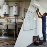 Image split in half: on the left, two workers in overalls fix a burst pipe spraying water in a kitchen; on the right, one worker repairs an air conditioner while another vacuums an office hallway.