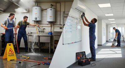 Image split in half: on the left, two workers in overalls fix a burst pipe spraying water in a kitchen; on the right, one worker repairs an air conditioner while another vacuums an office hallway.