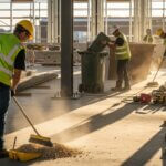 Construction workers in safety vests and helmets clean and organize materials inside a building under construction, sweeping dust and sorting metal pipes in the sunlight.