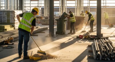 Construction workers in safety vests and helmets clean and organize materials inside a building under construction, sweeping dust and sorting metal pipes in the sunlight.