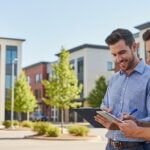 Two men standing outdoors in front of modern office buildings, smiling while discussing and writing on a clipboard and notepad. Trees line the street in the background.