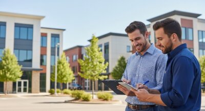 Two men standing outdoors in front of modern office buildings, smiling while discussing and writing on a clipboard and notepad. Trees line the street in the background.