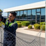 A man wearing gloves repairs a chain-link fence with wire cutters outside a commercial building on a sunny day. Well-manicured bushes line the sidewalk near the glass-fronted building.