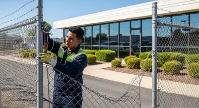 A man wearing gloves repairs a chain-link fence with wire cutters outside a commercial building on a sunny day. Well-manicured bushes line the sidewalk near the glass-fronted building.