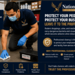 A man wearing a mask and gloves cleans a floor near rodent traps, with warning signs and informational text about the health risks of rodent contamination and the importance of professional cleanup.