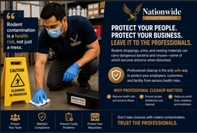 A man wearing a mask and gloves cleans a floor near rodent traps, with warning signs and informational text about the health risks of rodent contamination and the importance of professional cleanup.