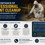 A professional in protective gear cleans rodent waste in an attic. Infographic text highlights the importance of professional rodent cleanup, its health benefits, and tips, with icons and warnings about biohazard safety.