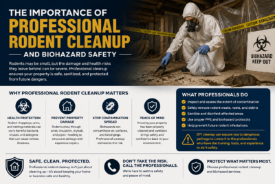 A professional in protective gear cleans rodent waste in an attic. Infographic text highlights the importance of professional rodent cleanup, its health benefits, and tips, with icons and warnings about biohazard safety.